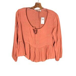 Hollister Womens Size Medium Blouse Embroidered Peplum Long Sleeve Rust New